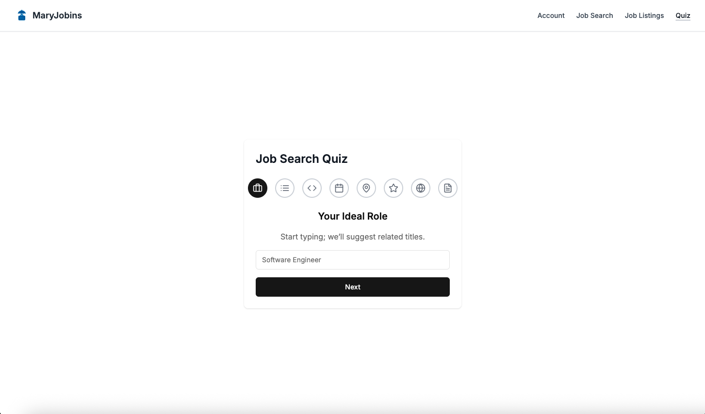 Job search quiz interface
