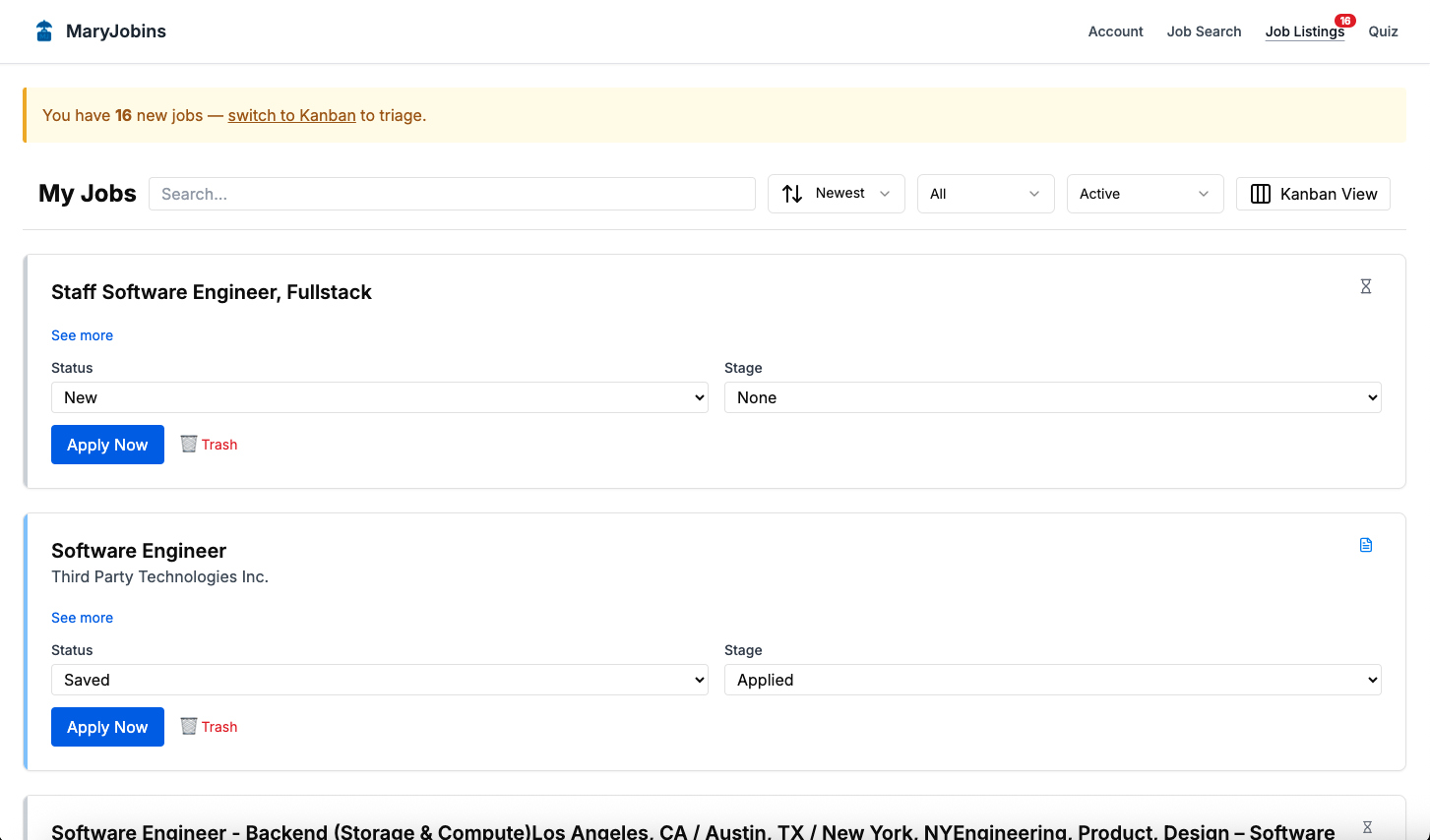 Job listings in detailed view