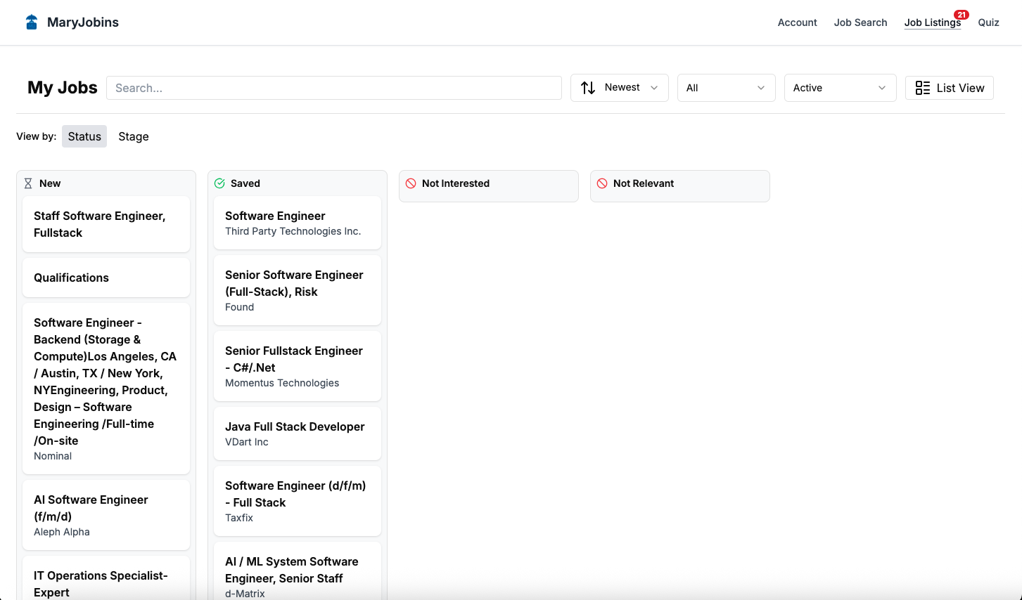 Job listings in Kanban list view