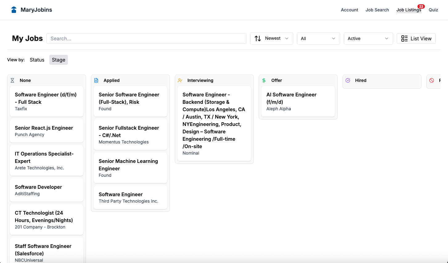 Job listings in Kanban list view